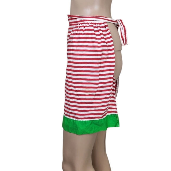Vintage Christmas Santa Striped Half Apron Red White Green Quilted Pocket - Picture 2 of 5
